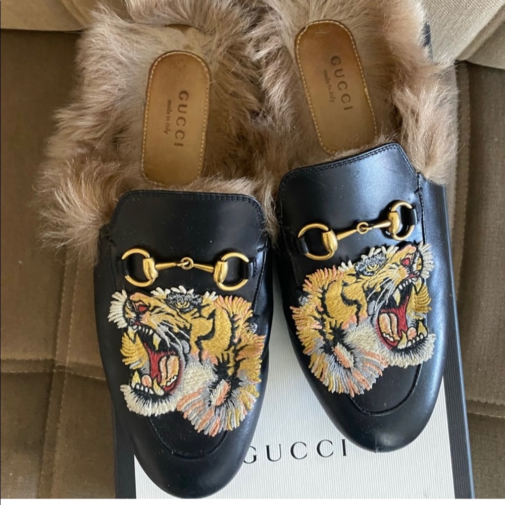 Gucci Princetown Embroidered Tiger Fur Mules